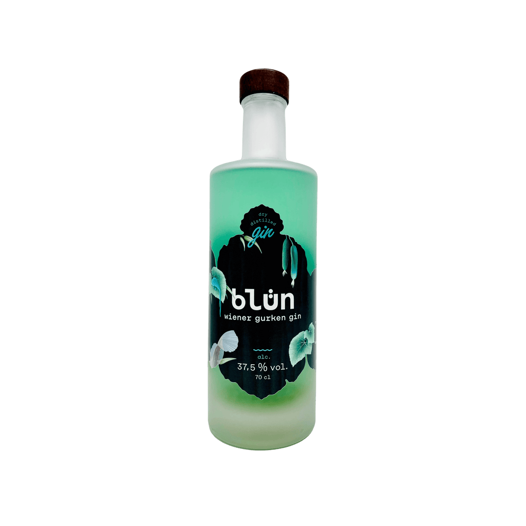 Blün Gurken Gin 350ml bottle with cucumber illustration and dark label design.