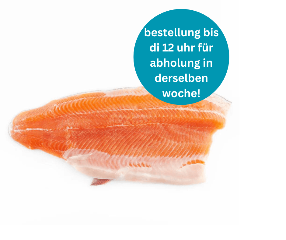 Fresh salmon trout fillet with bright orange flesh and visible white fat lines on white background.