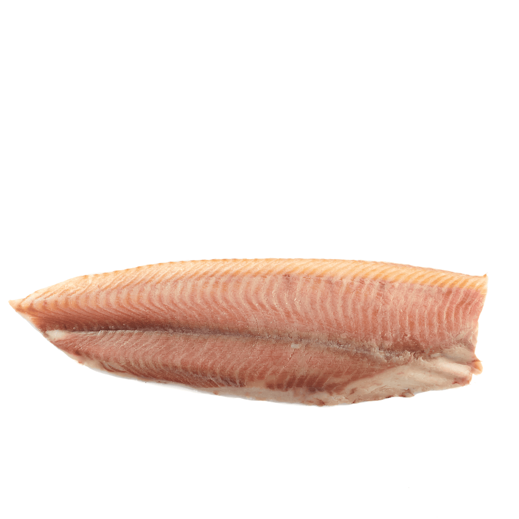 Smoked pink fish fillet with natural texture and skin edges on white background.