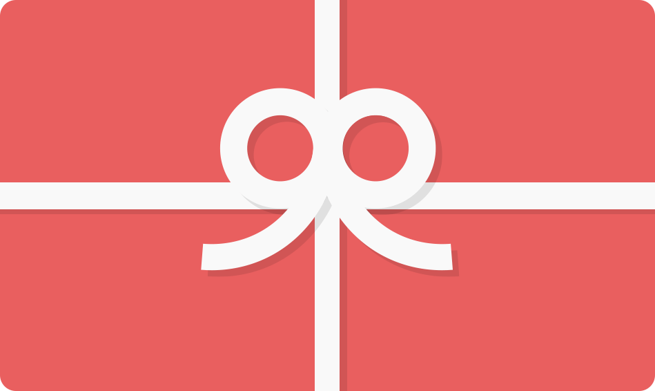 Red gift card with white ribbon and bow design on flat background.