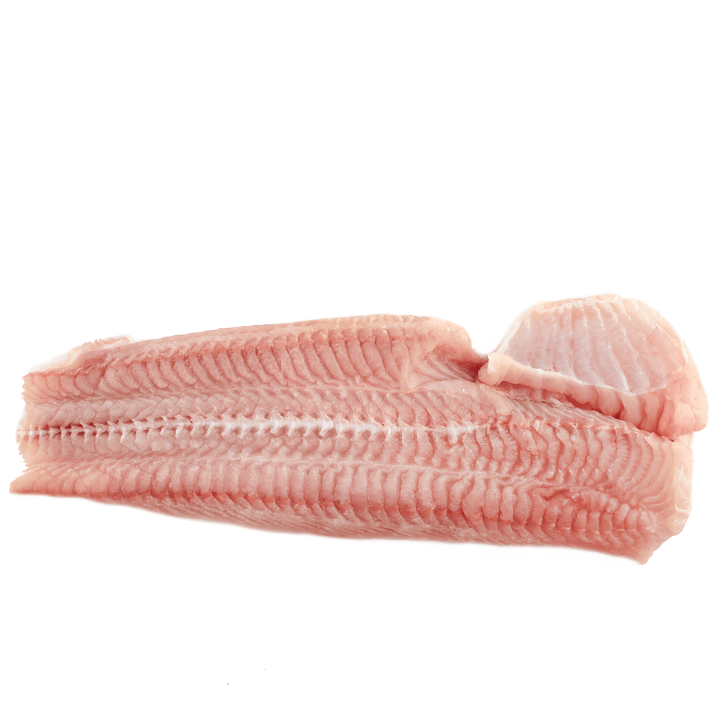 Raw pink catfish filet with rib bones visible on white background.